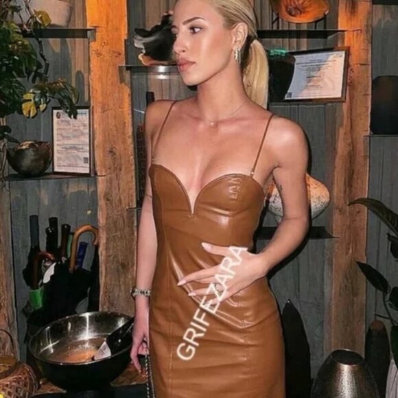 Zara Brown Faux Leather Midi Dress with Spaghetti Straps, Size Medium, Large NWT - Picture 9 of 11